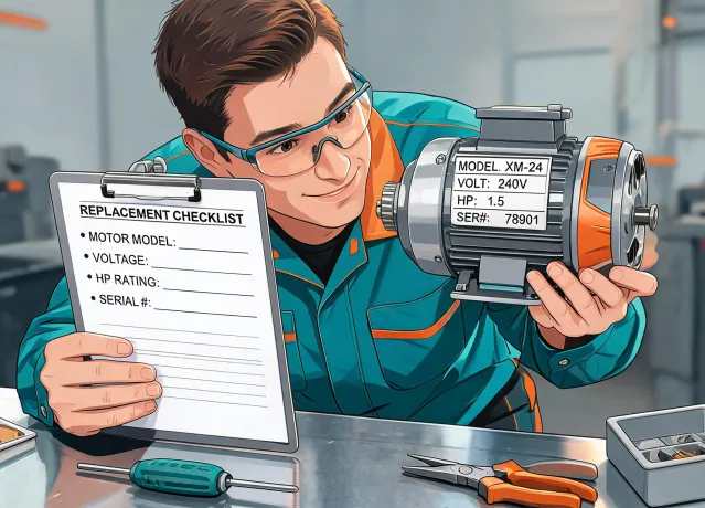 technician comparing motor nameplate to replacement guide
